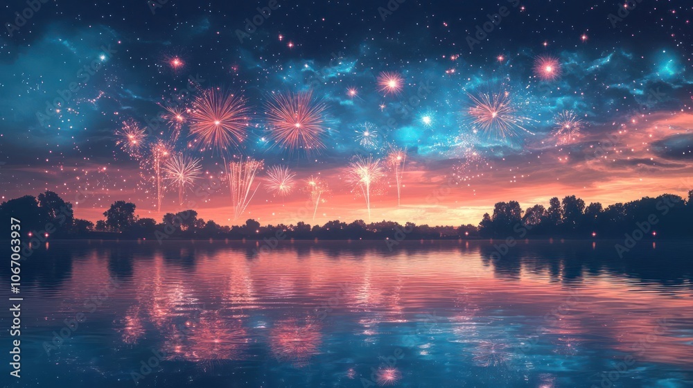 A beautiful image of a lake with fireworks on the horizon during a vibrant sunset.