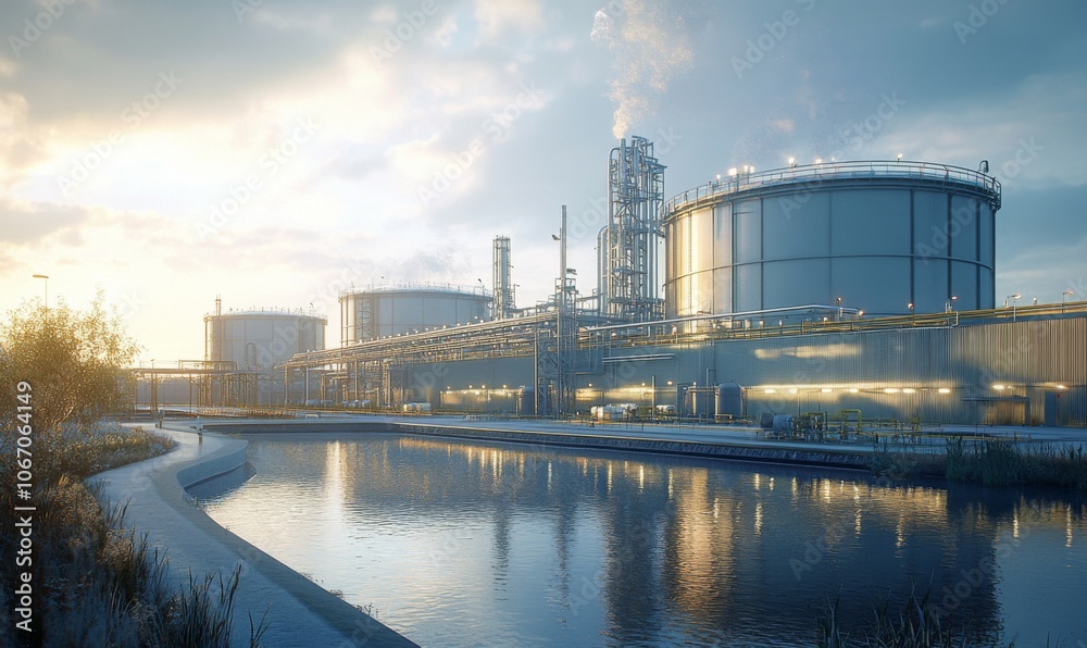 A vast industrial complex with a massive LNG storage tank designed for holding liquified natural gas at low temperatures, showcasing modern energy infrastructure A vast industrial complex with a massive LNG storage tank designed for holding liquified natural gas at low temperatures, showcasing modern energy infrastructure