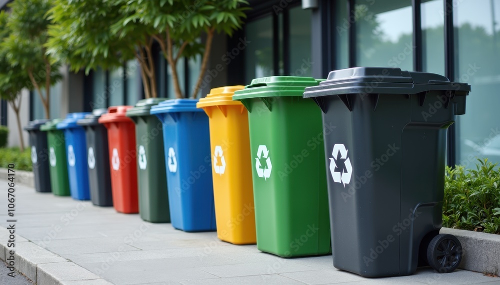 Colorful recycling bins in a row on a city street Colorful recycling bins in a row on a city street