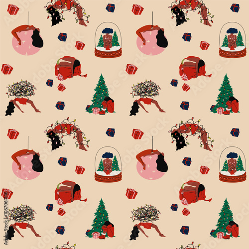Seamless pattern with person experiences sadness and unhappiness during the Christmas holidays. Psychology concept