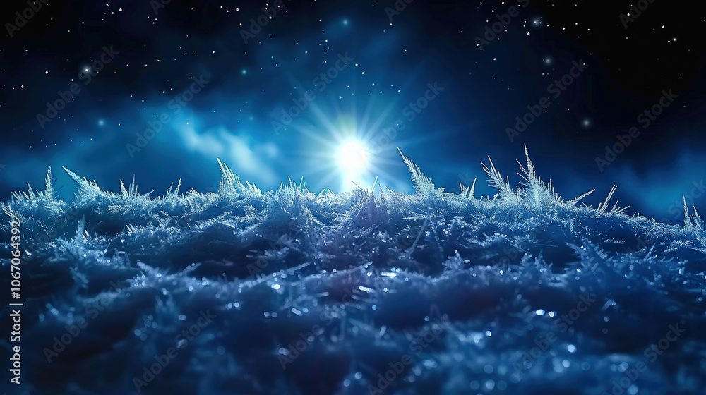 Naklejka premium Delicate frost crystals glisten under starry night sky, creating magical winter landscape. ethereal glow of moonlight enhances beauty of this icy scene, evoking sense of wonder and tranquility