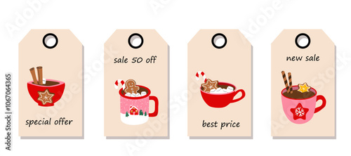 Set of discount price tags. Labels with cute holiday mug with a flat cartoon style, featuring a Christmas hot drink. Template for shopping tags. Christmas sale.