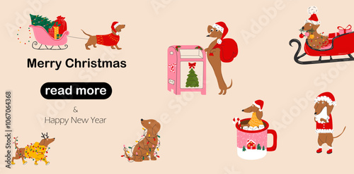 Web page design template. Dachshund dogs with christmas decorations.