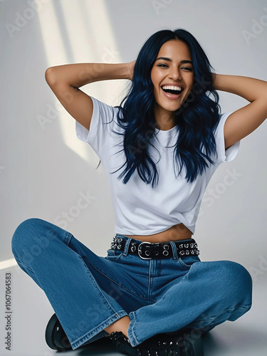 A smiling latina woman sits casually, flaunting her stylish look