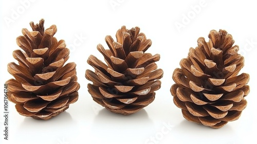 Three brown pine cones on white background, minimalistic nature display