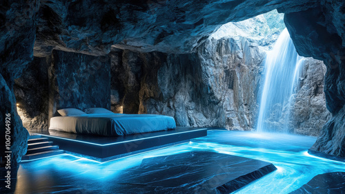 Fototapeta Naklejka Na Ścianę i Meble -  Luxury bed with waterfall view and modern cave interior illuminated in soft blue hues