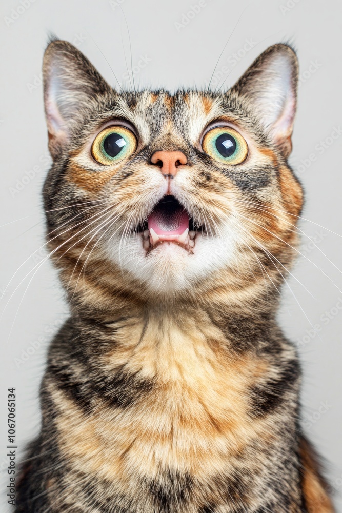 Surprised Tabby Cat with Mouth Open on a Gray Background, Funny Cat Expression, Close-Up Portrait Surprised Tabby Cat with Mouth Open on a Gray Background, Funny Cat Expression, Close-Up Portrait