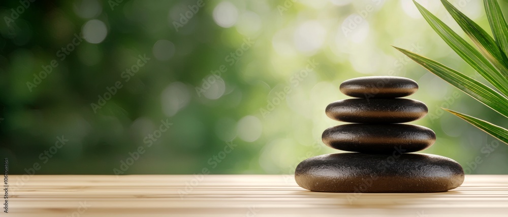 Serene stacked stones on a wooden surface, surrounded by greenery, symbolizing balance and tranquility in a natural setting. Serene stacked stones on a wooden surface, surrounded by greenery, symbolizing balance and tranquility in a natural setting.