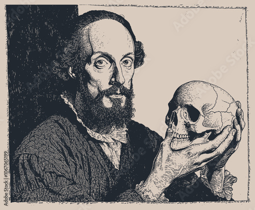 A portrait of William Shakespeare holding human skull in hands, engraving style, vector illustration