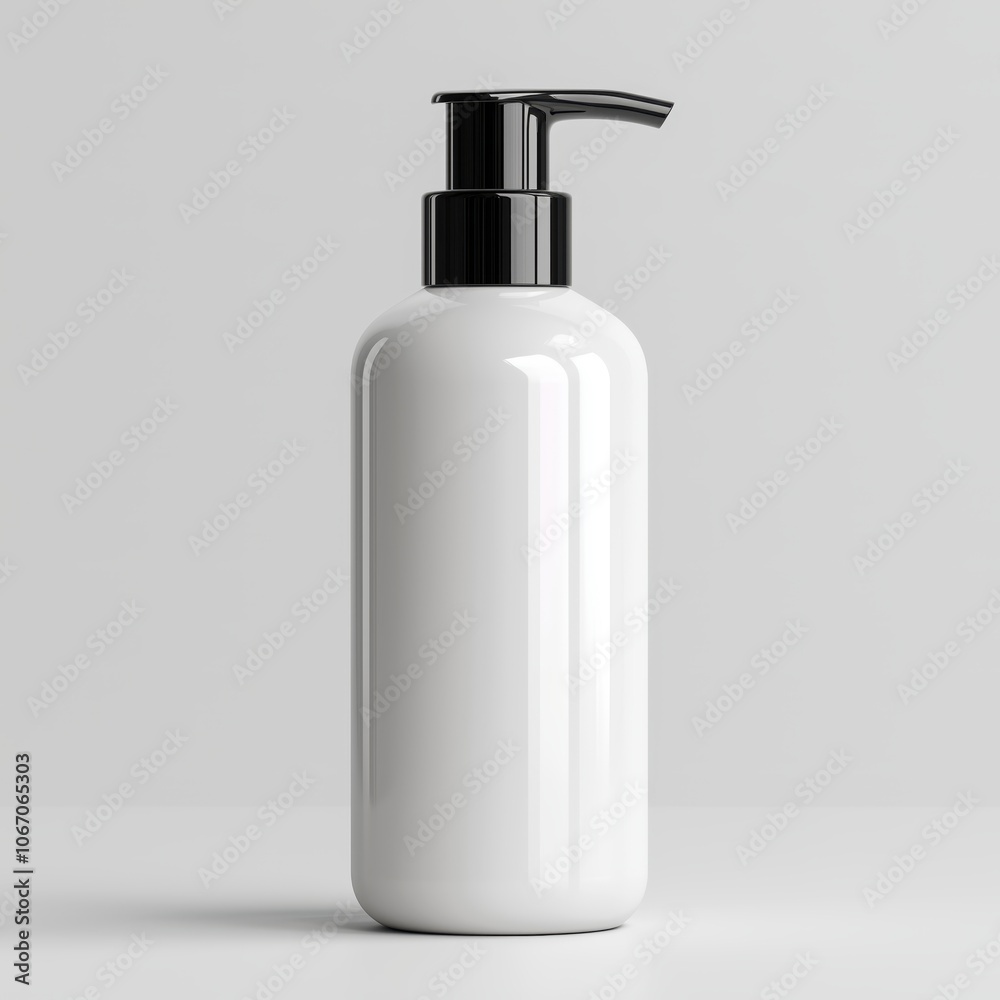 Sleek white airless pump bottle for lotion set against a clean white background Sleek white airless pump bottle for lotion set against a clean white background