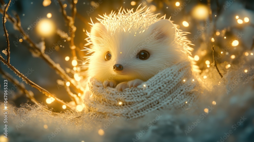 Obraz premium Cute Hedgehog with Fairy Lights in Cozy Setting