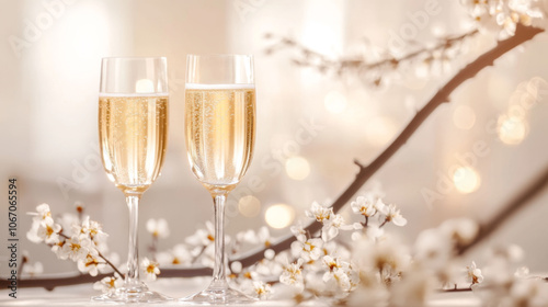 Champagne flutes with blossoming branch backdrop