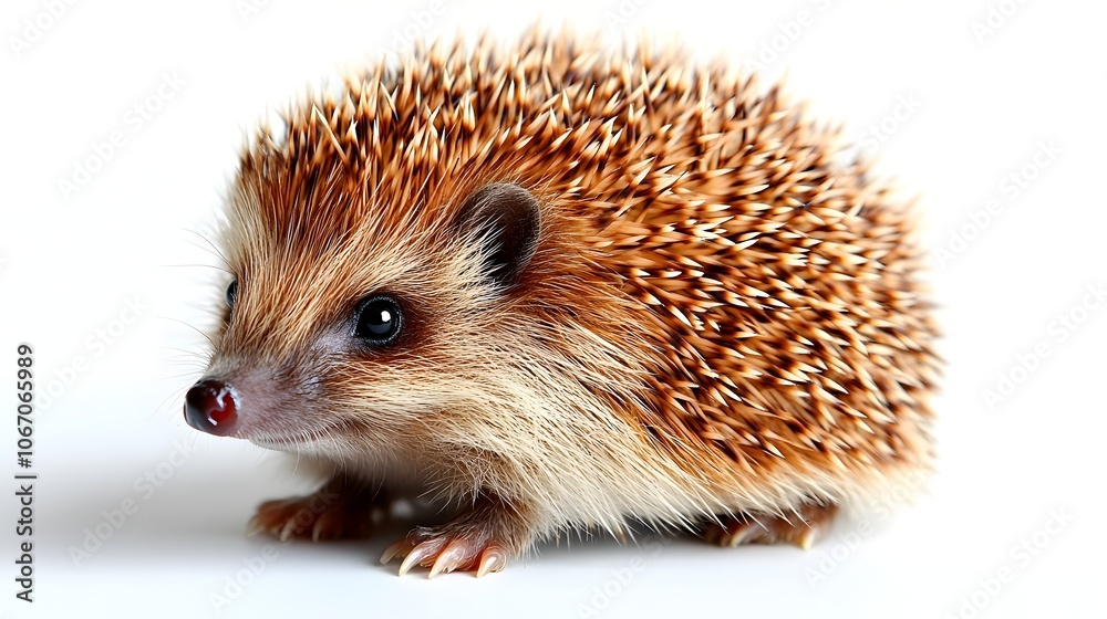 Obraz premium Adorable and Cute Hedgehog Isolated on Clean White Background for Photo Usage. Small Furry and Spiny Mammal Wildlife Animal Portrait in Minimalist Studio Setting.