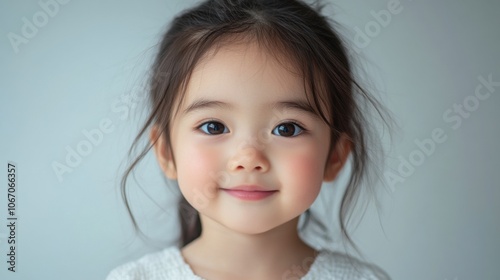 Portrait of young girl with sweet smile, bright eyes, innocent expression, natural beauty, soft background, childlike charm, simple clothing, joyful mood