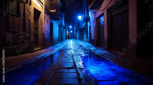 Night Town Street. Cobblestone road illuminated by night lights. 