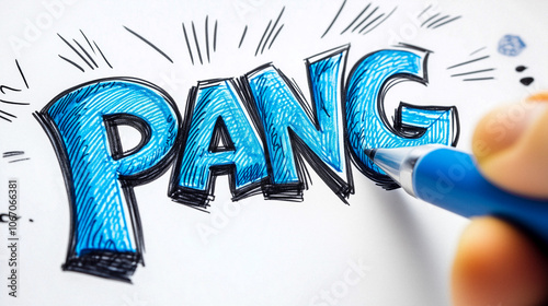 Hand Drawing Comic Book Style Sound Effect 'PANG' in Blue Ink, Pop Art Illustration with Bold Lettering and Explosive Details
