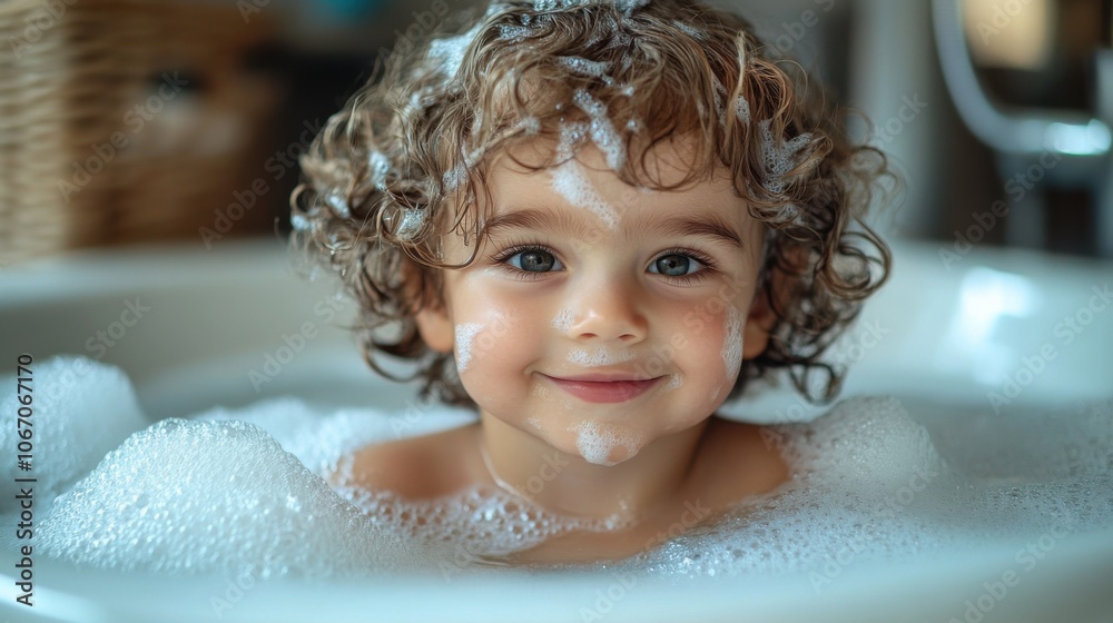 Smiling curly-haired toddler in bubble bath, adorable child with soap suds, bathing, happiness, playtime, innocence, hygiene, childhood joy, family moments, clean fun, cute baby expression