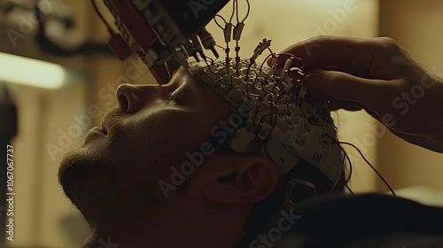 Detailed view of neurological testing equipment, with an EEG cap being placed on a patient’s head, highlighting the precision and technology used in brainwave analysis and monitoring
 photo