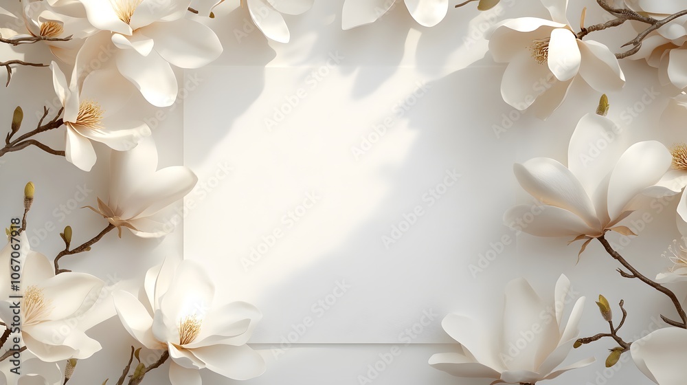 White Magnolia Flowers with Blank Paper Frame on White Background White Magnolia Flowers with Blank Paper Frame on White Background