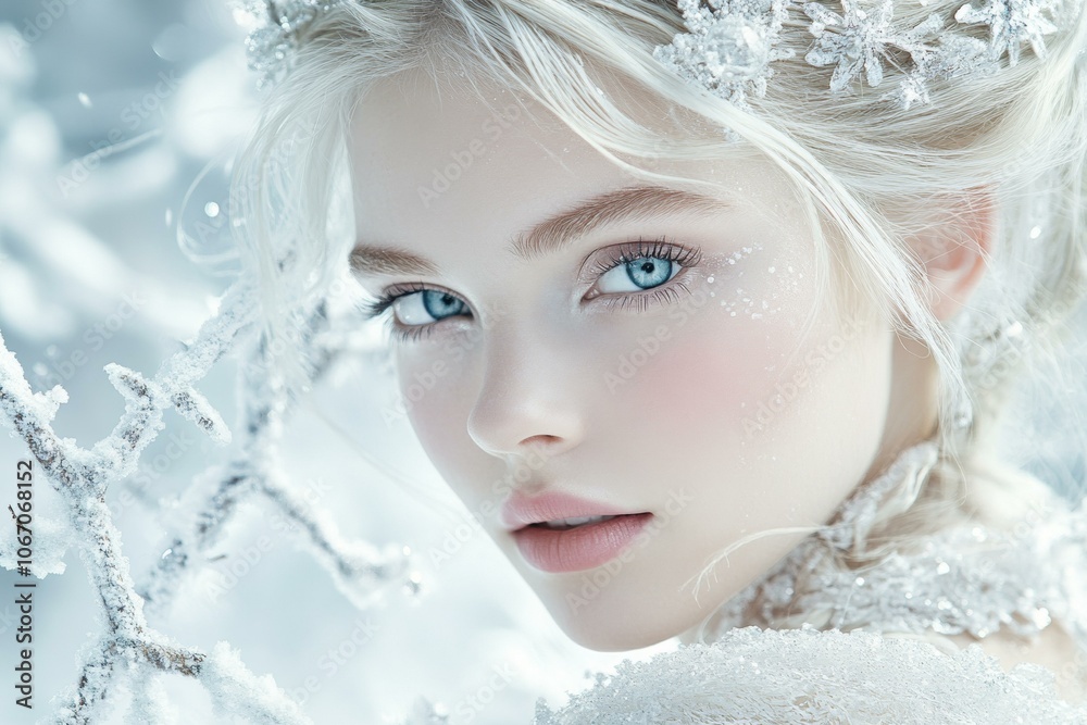 Beautiful young woman with blue eyes, white hair, serene expression Beautiful young woman with blue eyes, white hair, serene expression