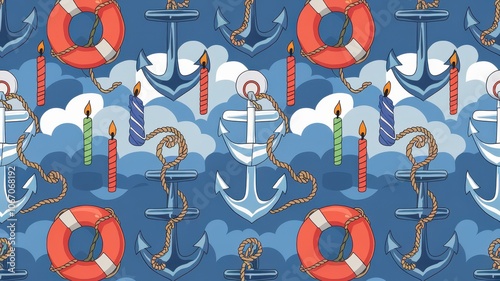A birthday pattern with anchors, life buoys, and birthday candles intertwined with nautical ropes
