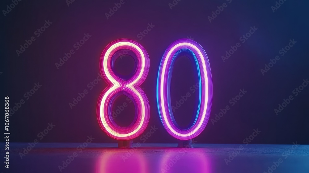 Glowing Neon Number 80 in Pink and Blue on a Dark Background, Ideal for Birthday Celebrations Glowing Neon Number 80 in Pink and Blue on a Dark Background, Ideal for Birthday Celebrations