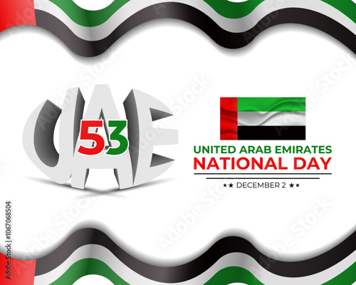 National Day of United Arab Emirates of 53 with  ribbon flag. Waving ribbon in the sky in front of tall buildings Abu Dhabi city. Spirit of the union vector Illustration. eps 10.