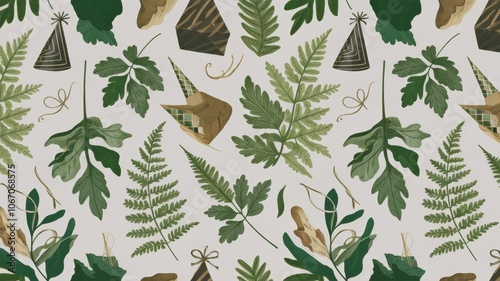 A nature-inspired birthday pattern with different types of leaves, birthday presents, and party hats placed harmoniously
