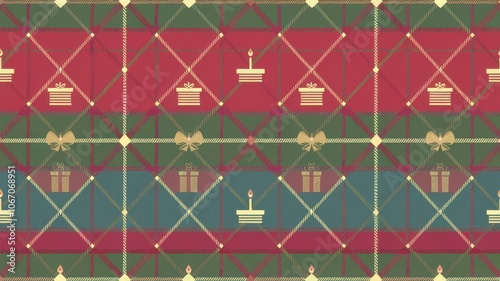 A birthday pattern using a traditional plaid design, but incorporating cakes, gifts, and candles as part of the weave

