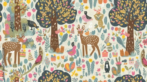 A whimsical nature-themed birthday pattern with animals, trees, and flowers celebrating with party hats and balloons

