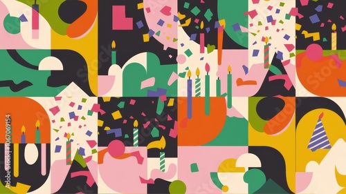 An abstract pattern with random shapes and bold colors, incorporating hidden birthday symbols like candles, cake, and confetti
