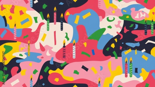 An abstract pattern with random shapes and bold colors, incorporating hidden birthday symbols like candles, cake, and confetti
