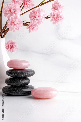 A serene arrangement of black and pink stones beside delicate pink flowers, symbolizing relaxation and harmony.