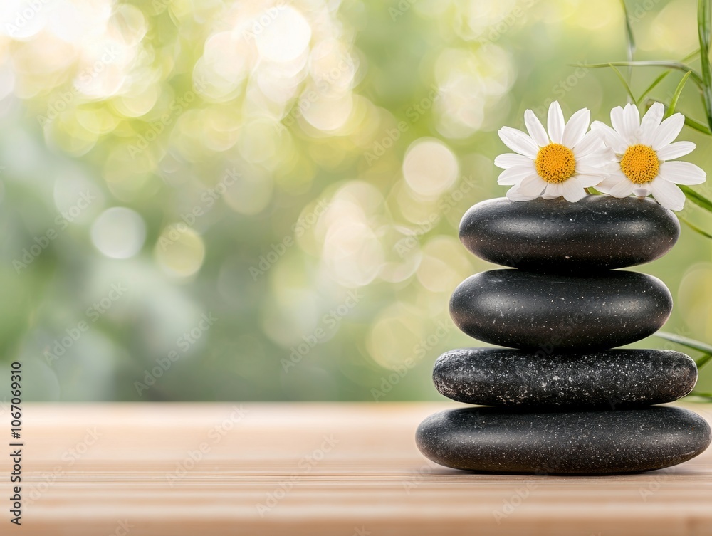 A serene stack of black stones topped with daisies, set against a blurred natural background, symbolizing balance and tranquility. A serene stack of black stones topped with daisies, set against a blurred natural background, symbolizing balance and tranquility.