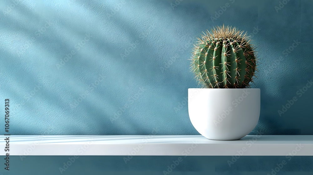 Small barrel cactus in a white minimalist pot on a light blue pastel background, displayed on a white floating shelf with a clean modern composition and soft diffused lighting. Small barrel cactus in a white minimalist pot on a light blue pastel background, displayed on a white floating shelf with a clean modern composition and soft diffused lighting.