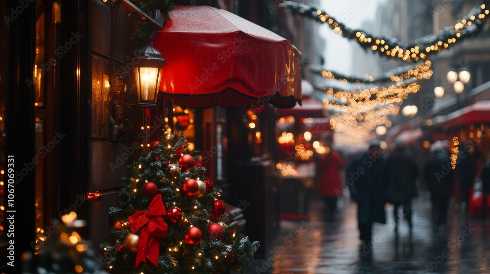 Festive Christmas tree illuminates bustling city street at night. Festive Christmas tree illuminates bustling city street at night.