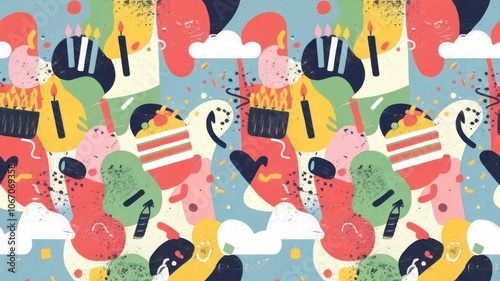 An abstract pattern with random shapes and bold colors, incorporating hidden birthday symbols like candles, cake, and confetti
