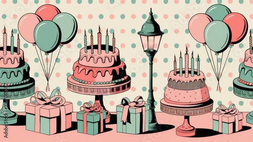 A vintage-themed birthday pattern featuring ornate birthday cakes, presents, and balloons in a classic 1950s color scheme
