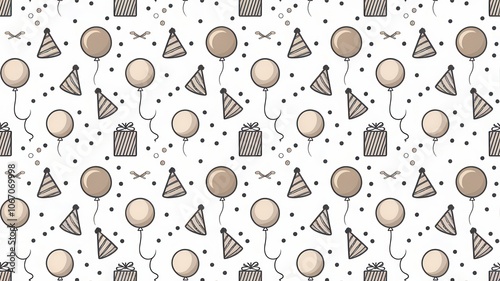 A minimalist birthday pattern with simple lines and shapes, featuring small party hats and balloons in monochrome tones
