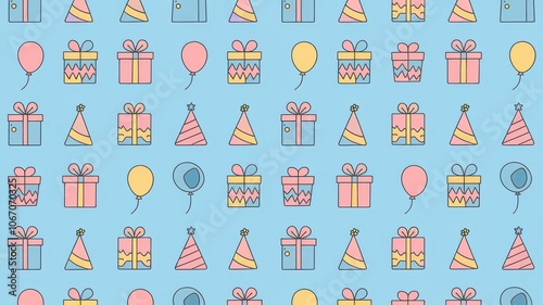 A grid-based birthday pattern with evenly spaced presents, balloons, and party hats, using pastel colors
