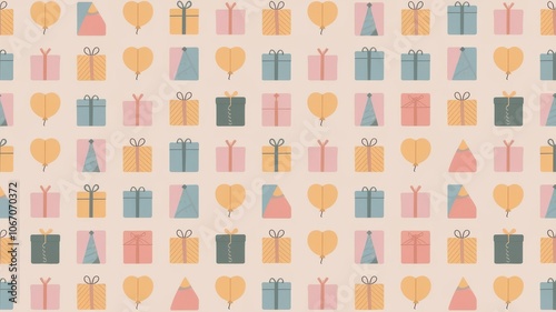 A grid-based birthday pattern with evenly spaced presents, balloons, and party hats, using pastel colors
