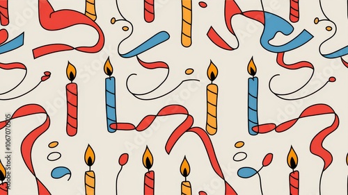 A linear birthday pattern with continuous lines forming party streamers, candles, and confetti in bold colors
