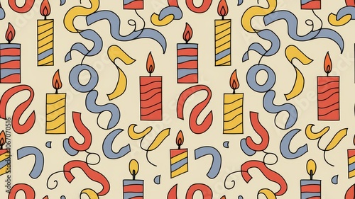 A linear birthday pattern with continuous lines forming party streamers, candles, and confetti in bold colors

