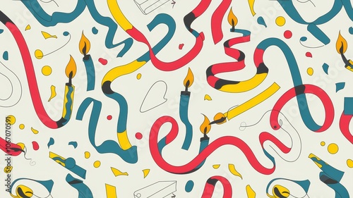 A linear birthday pattern with continuous lines forming party streamers, candles, and confetti in bold colors
