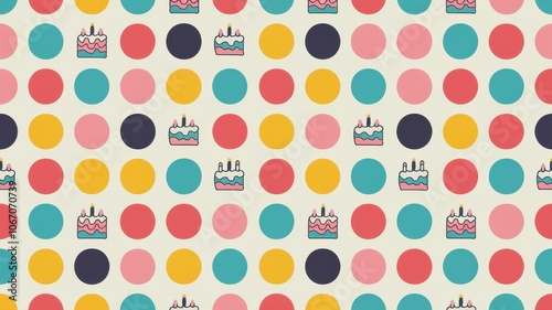 A polka dot-inspired birthday pattern with dots of different sizes and small icons of birthday cakes and balloons
