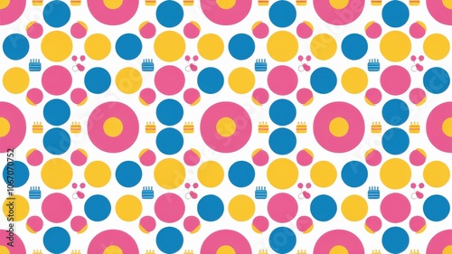 A polka dot-inspired birthday pattern with dots of different sizes and small icons of birthday cakes and balloons
