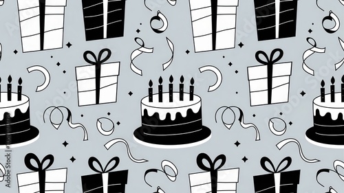 A monochrome birthday pattern with birthday presents, cakes, and streamers in black and white

