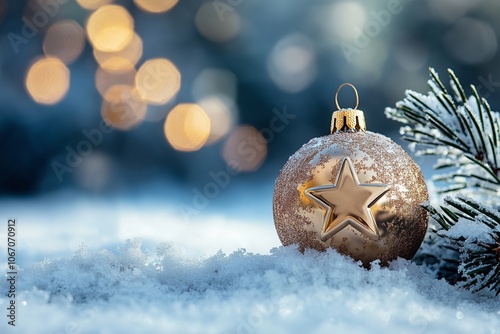 A golden star ornament rests on white snow beside a lush pine branch, evoking the magic of the winter season. photo