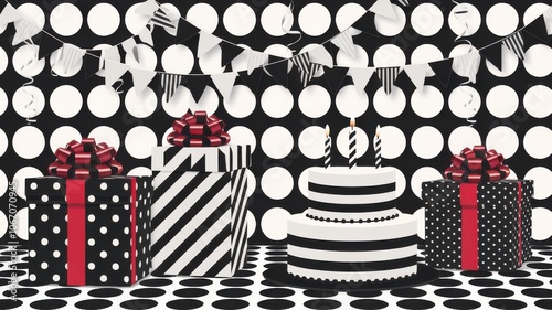 A monochrome birthday pattern with birthday presents, cakes, and streamers in black and white
