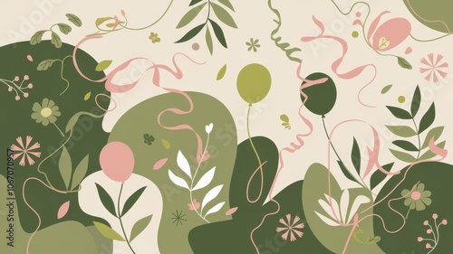 An organic birthday pattern with freeform shapes and natural elements like leaves and flowers, intertwined with party decorations
